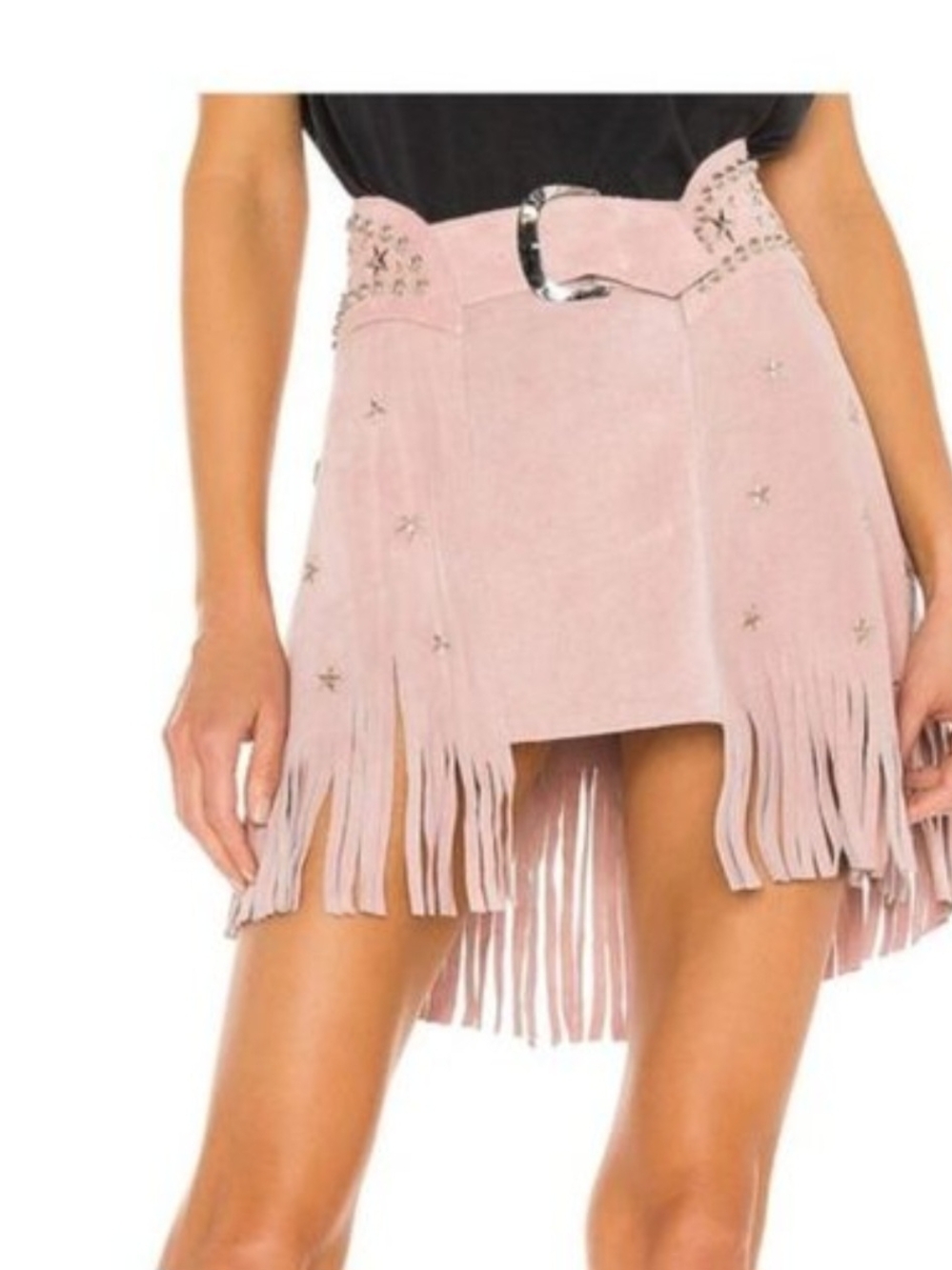 Feminine Pink Suede High-Low Fringe Mini Skirt with Star Studs
